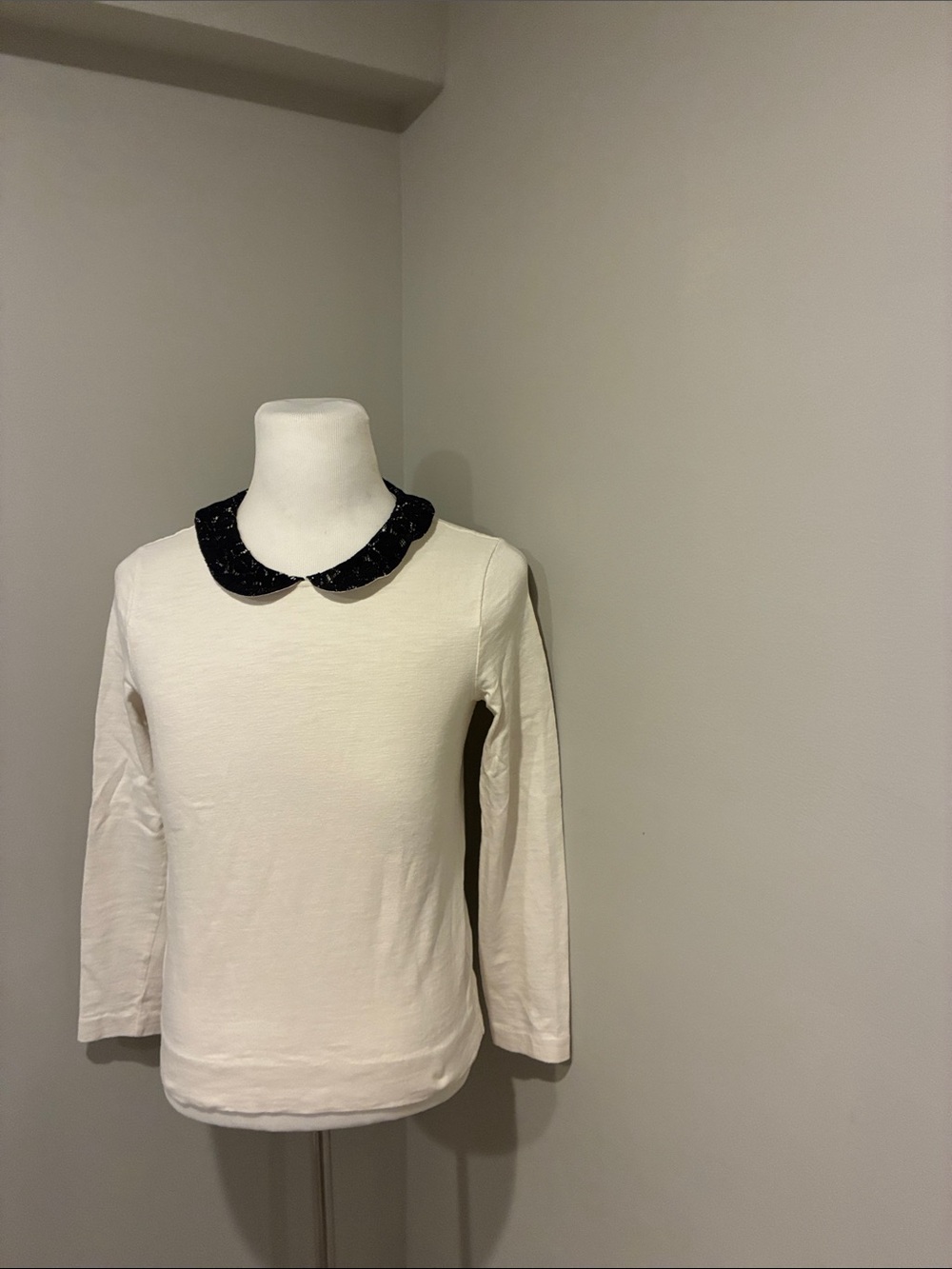 J. Crew White Long-Sleeve Top with Black Peter Pan Collar